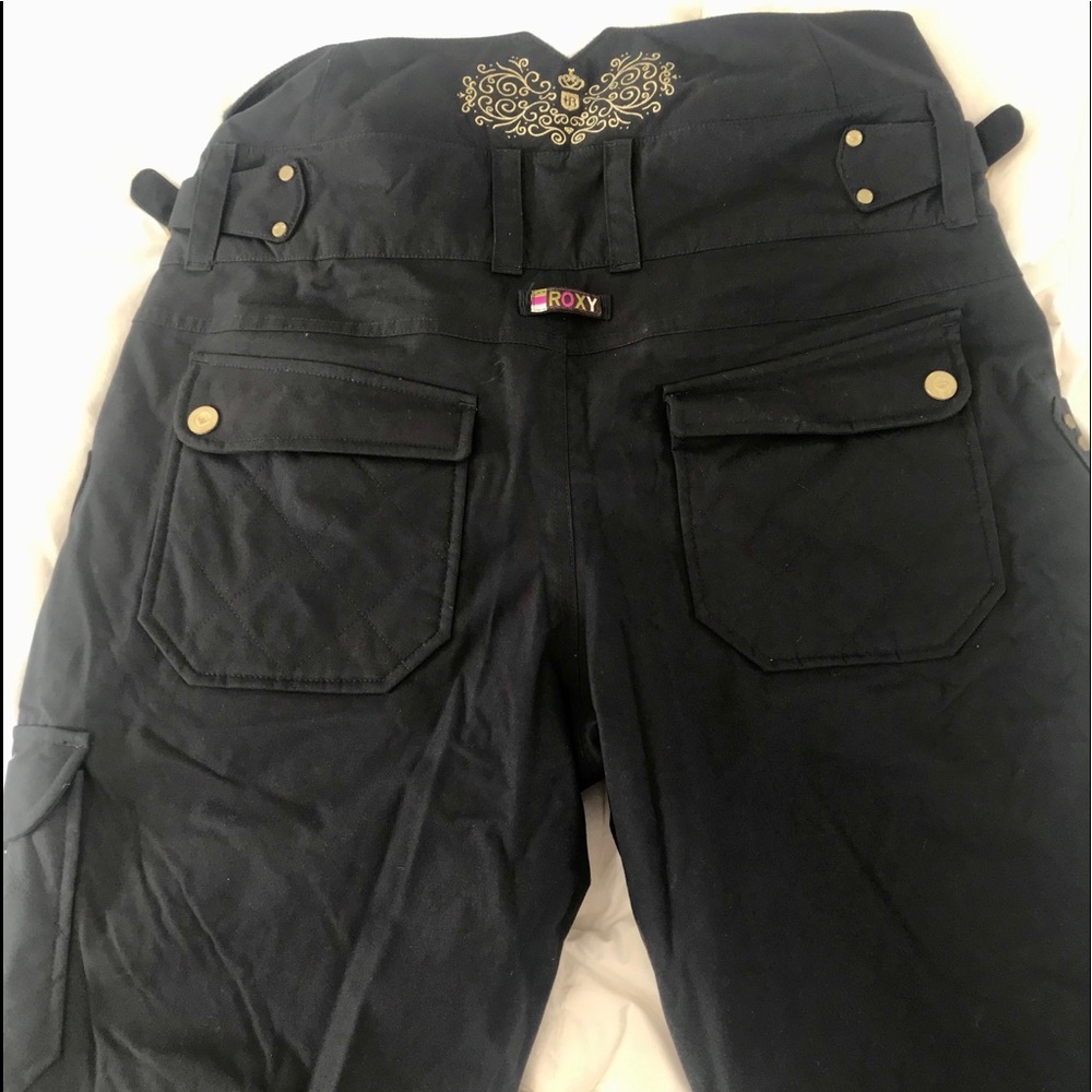 Roxy Black Utility Snow Pants with Gold Embellishment